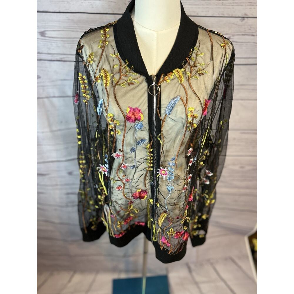 Multicolor Embroidered Tulle Zip Jacket Emery Rose 3X Long Sleeve - Picture 2 of 7